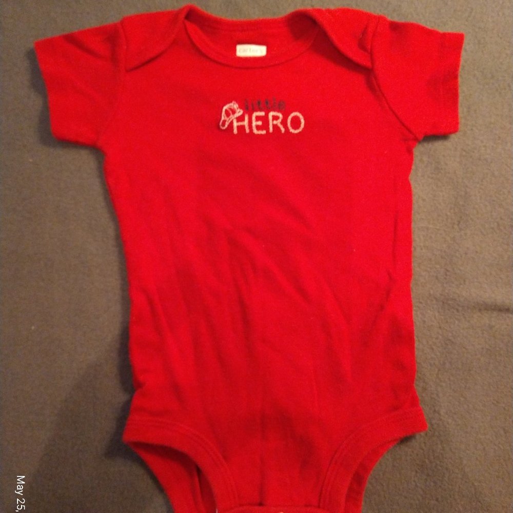 infant onesie, 6M,  stitched 'Little HERO' with fire hat